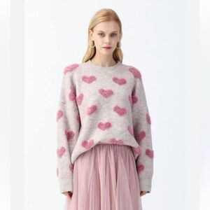 Notion Valentine’s Day Pink Fuzzy Heart Crew Neck Knit Sweater L